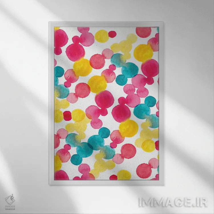 تابلو انتزاعی نقاط آبرنگی اثر سارا برنسون - نمای قابدار سفید