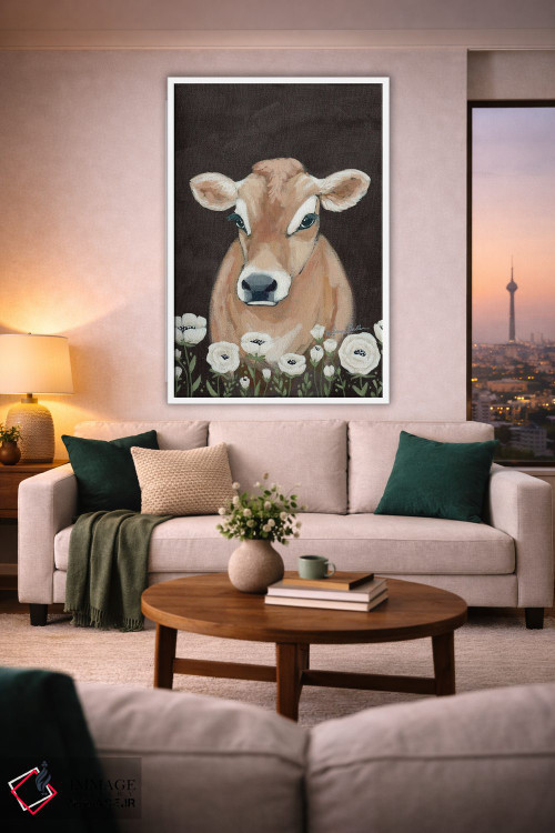 تابلو مدرن گاو با گل ها اثر سارا بیکر - D1W