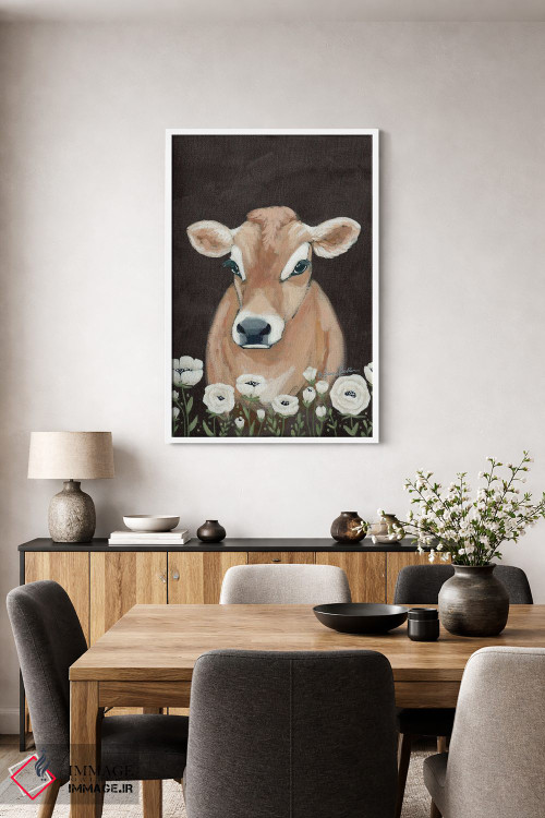 تابلو مدرن گاو با گل ها اثر سارا بیکر - D4W
