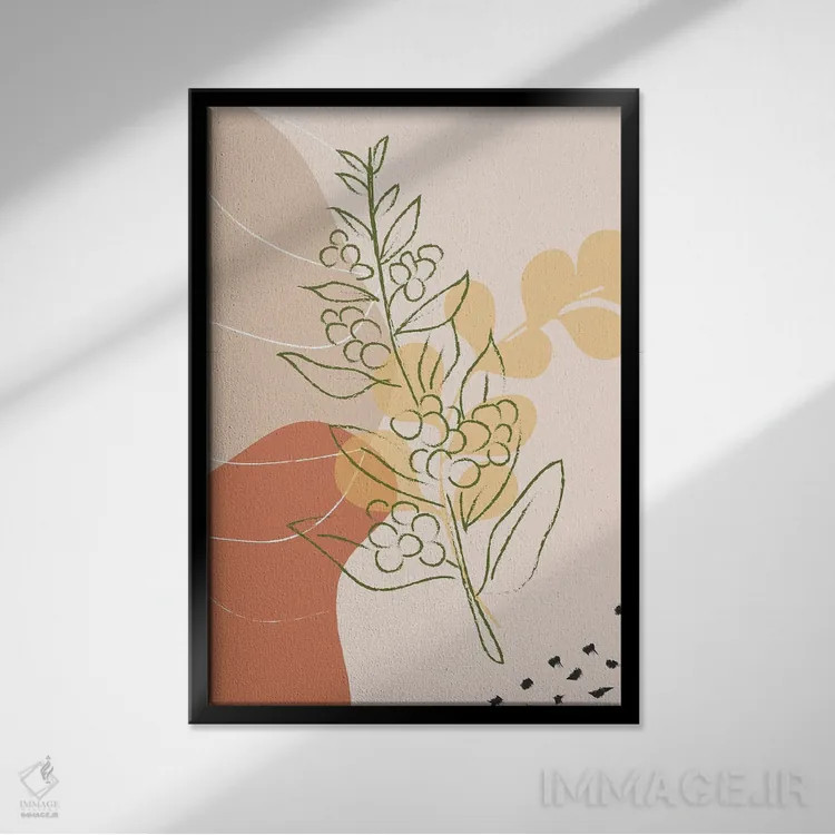 تابلو مینیمال شاخه قهوه و اشکال انتزاعی اثر سابرینا بالبوئنا - نمای قابدار مشکی