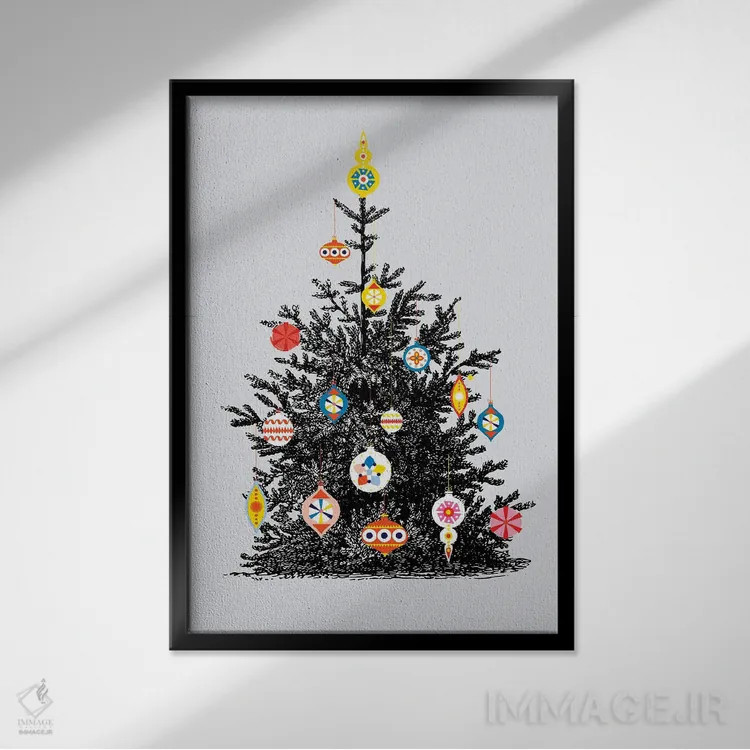 تابلو دکوراتیو درخت کریسمس رترو یک اثر شو می مارس - نمای قابدار مشکی