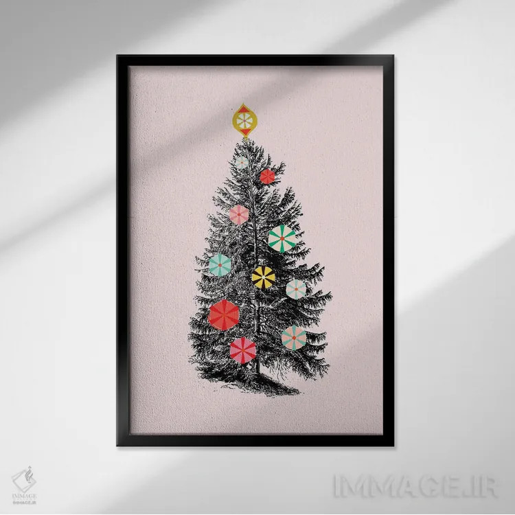 تابلو دکوراتیو درخت کریسمس رترو سه اثر شو می مارس - نمای قابدار مشکی