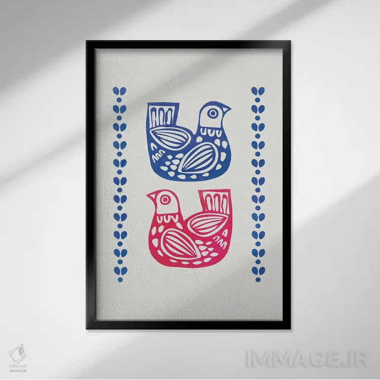 تابلو دکوراتیو دو پرنده فولک اثر شو می مارس - نمای قابدار مشکی