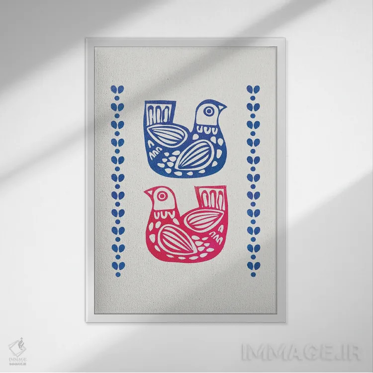 تابلو دکوراتیو دو پرنده فولک اثر شو می مارس - نمای قابدار سفید