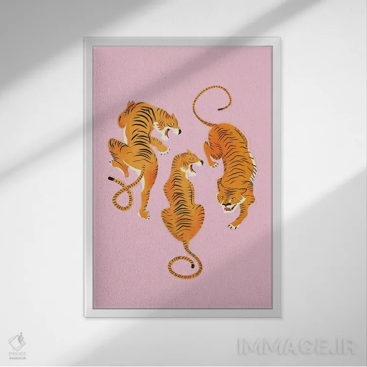 تابلو دکوراتیو سه ببر جسور اثر شو می مارس - نمای قابدار سفید