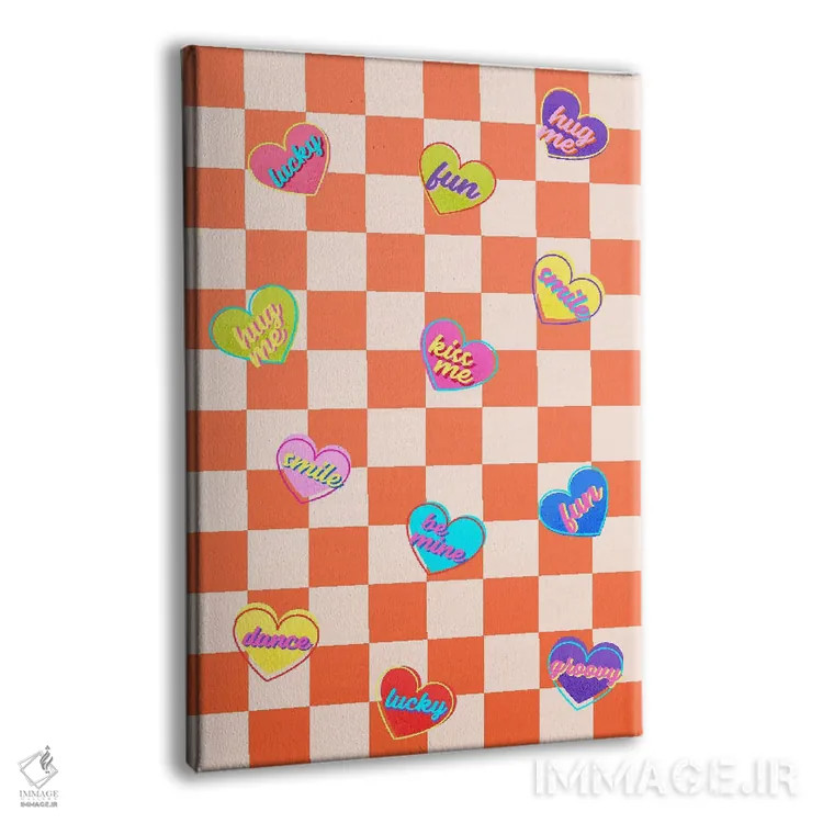 تابلو دکوراتیو آبنبات های قلبی روی شطرنجی نارنجی اثر شو می مارس - نمای پرسپکتیو محصول