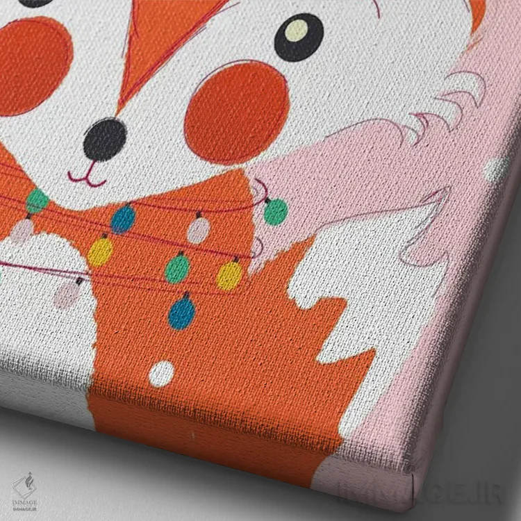 تابلو دکوراتیو روباه بامزه حیوانات کریسمس اثر شو می مارس - نمای نزدیک بافت بوم