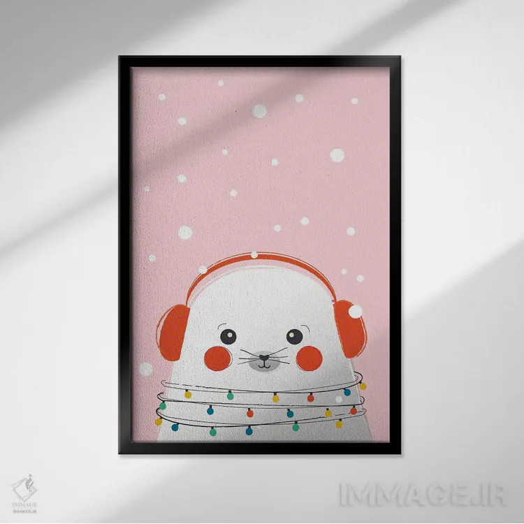 تابلو دکوراتیو فوک بامزه حیوانات کریسمس اثر شو می مارس - نمای قابدار مشکی