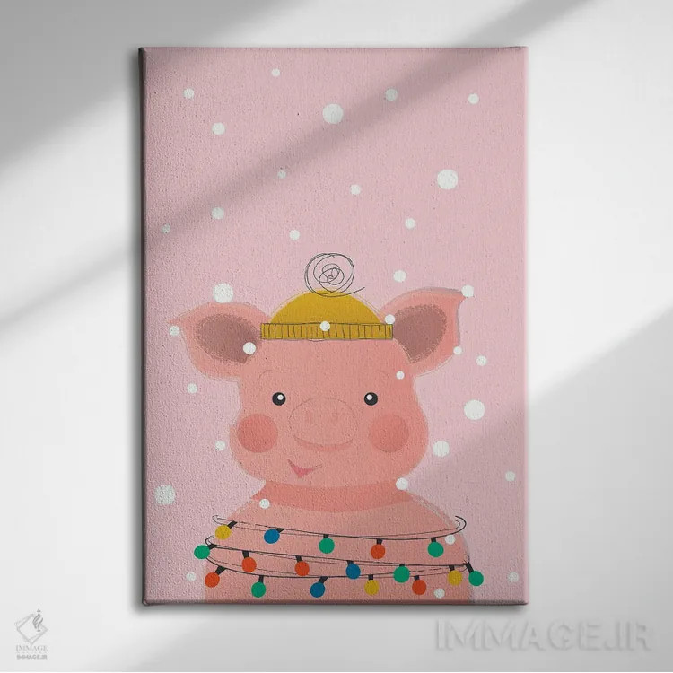 تابلو دکوراتیو خوک بامزه حیوانات کریسمس اثر شو می مارس - نمای روبهرو روی دیوار