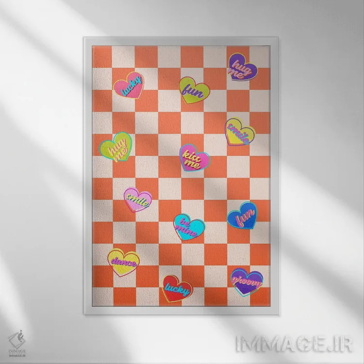 تابلو دکوراتیو آبنبات های قلبی روی شطرنجی نارنجی اثر شو می مارس - نمای قابدار سفید