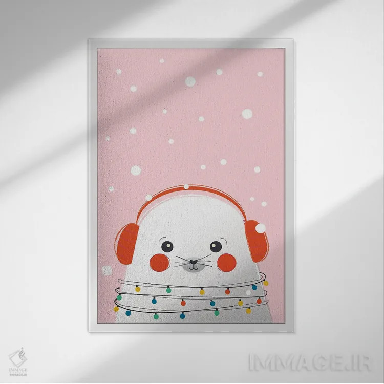 تابلو دکوراتیو فوک بامزه حیوانات کریسمس اثر شو می مارس - نمای قابدار سفید