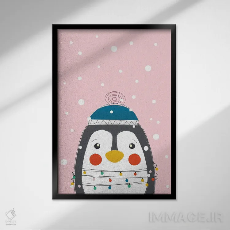تابلو دکوراتیو پنگوئن بامزه حیوانات کریسمس اثر شو می مارس - نمای قابدار مشکی