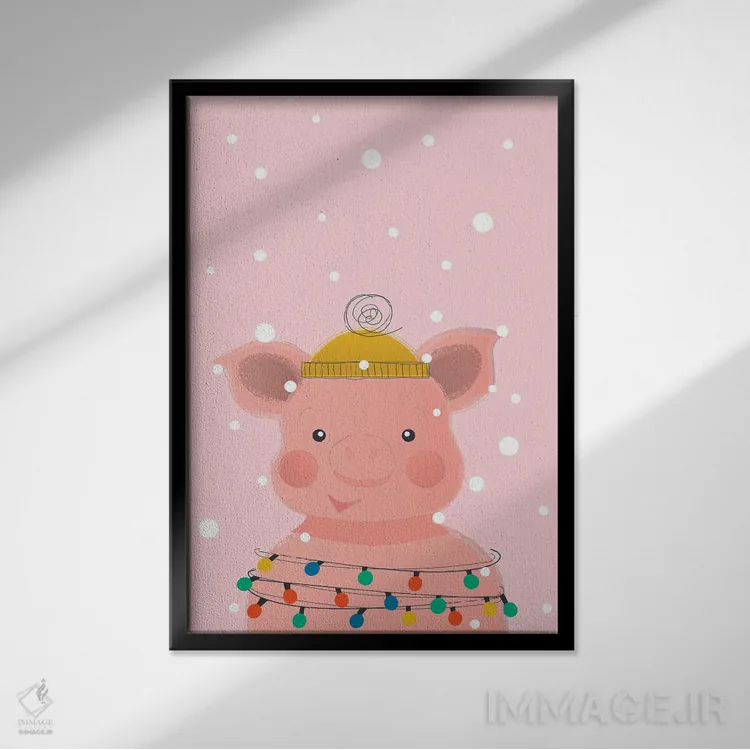 تابلو دکوراتیو خوک بامزه حیوانات کریسمس اثر شو می مارس - نمای قابدار مشکی