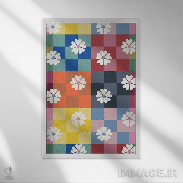 تابلو دکوراتیو شطرنجی رنگارنگ و گل های مروارید اثر شو می مارس - نمای قابدار سفید