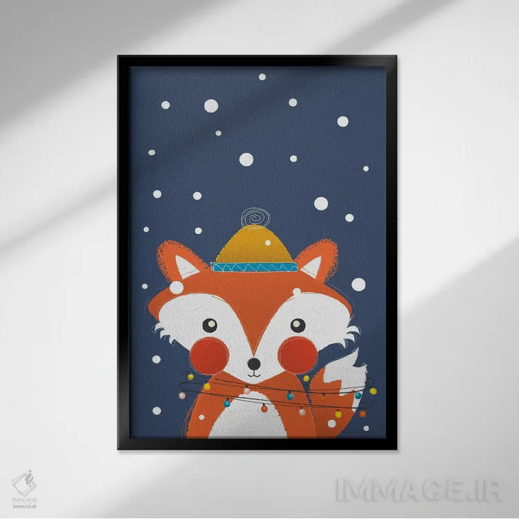 تابلو دکوراتیو روباه کریسمسی با چراغ های فانتزی اثر شو می مارس - نمای قابدار مشکی