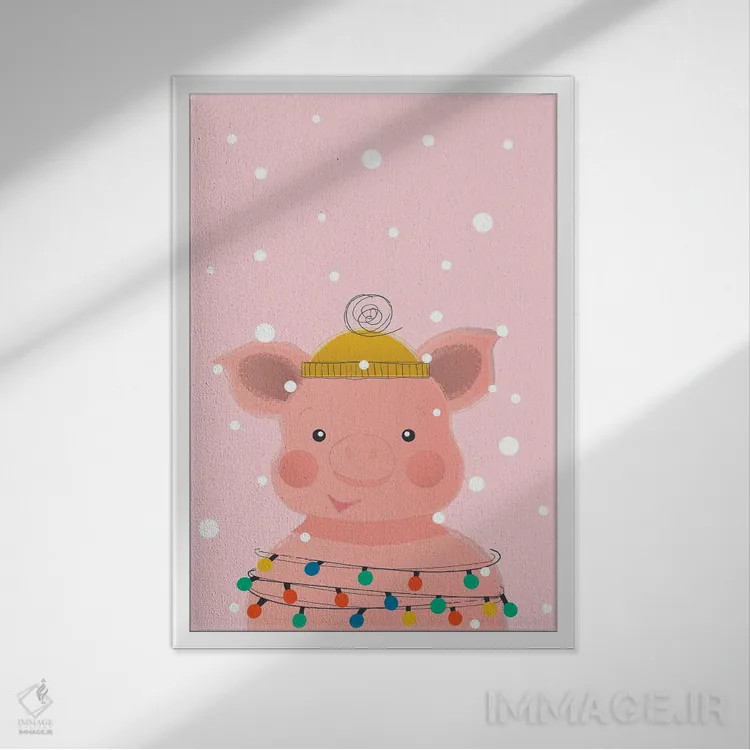 تابلو دکوراتیو خوک بامزه حیوانات کریسمس اثر شو می مارس - نمای قابدار سفید