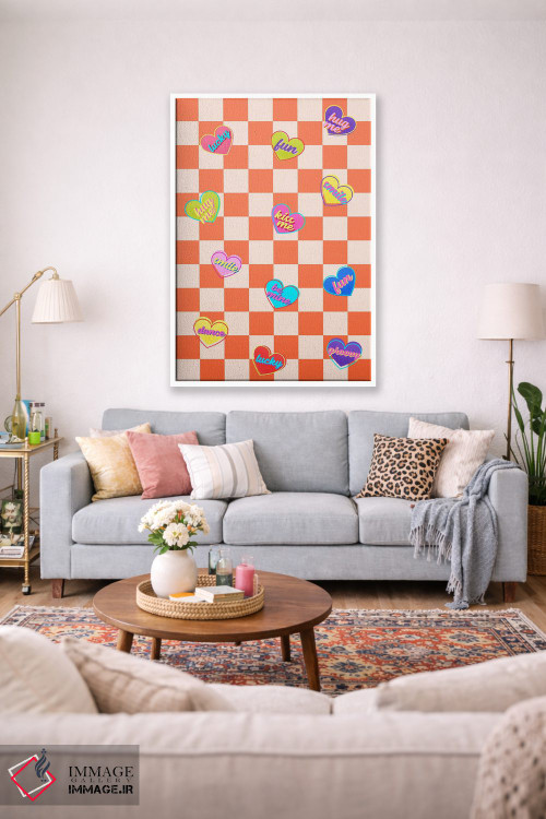 تابلو دکوراتیو آبنبات های قلبی روی شطرنجی نارنجی اثر شو می مارس - D1W