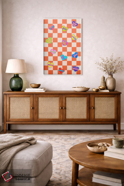 تابلو دکوراتیو آبنبات های قلبی روی شطرنجی نارنجی اثر شو می مارس - D2W