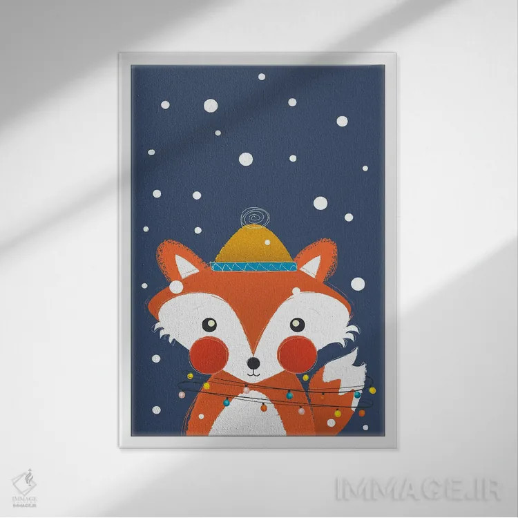 تابلو دکوراتیو روباه کریسمسی با چراغ های فانتزی اثر شو می مارس - نمای قابدار سفید