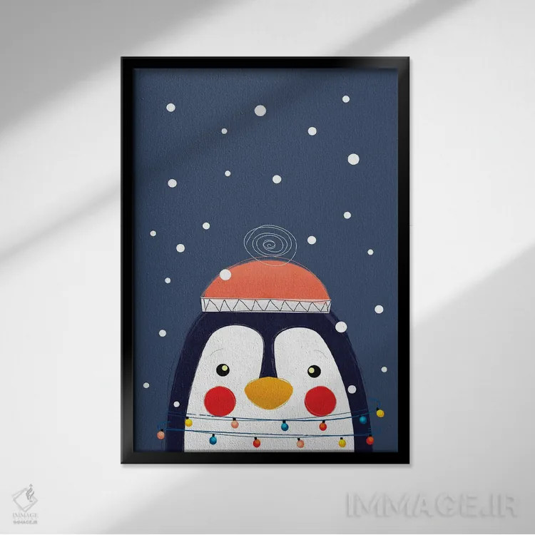 تابلو دکوراتیو پنگوئن کریسمس اثر شو می مارس - نمای قابدار مشکی