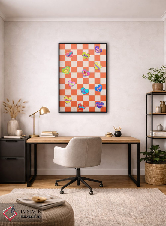 تابلو دکوراتیو آبنبات های قلبی روی شطرنجی نارنجی اثر شو می مارس - D4B