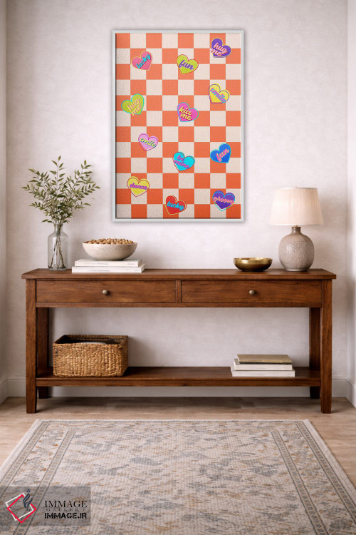 تابلو دکوراتیو آبنبات های قلبی روی شطرنجی نارنجی اثر شو می مارس - D3W