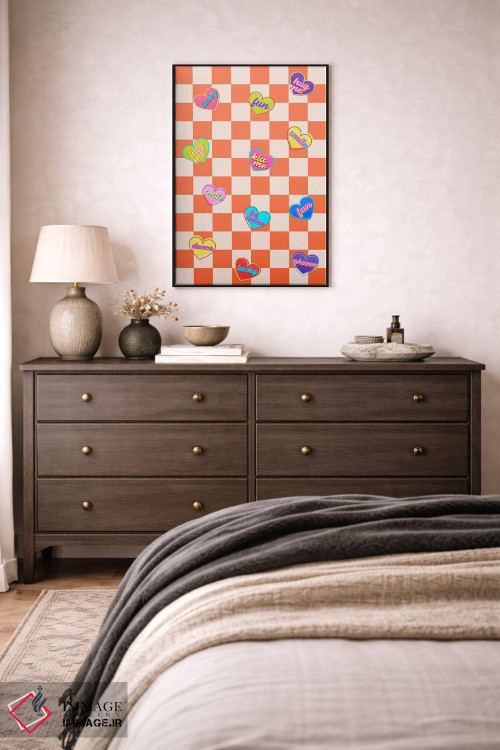 تابلو دکوراتیو آبنبات های قلبی روی شطرنجی نارنجی اثر شو می مارس - D5B