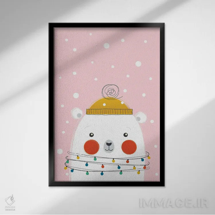 تابلو دکوراتیو خرس قطبی بامزه حیوانات کریسمس اثر شو می مارس - نمای قابدار مشکی