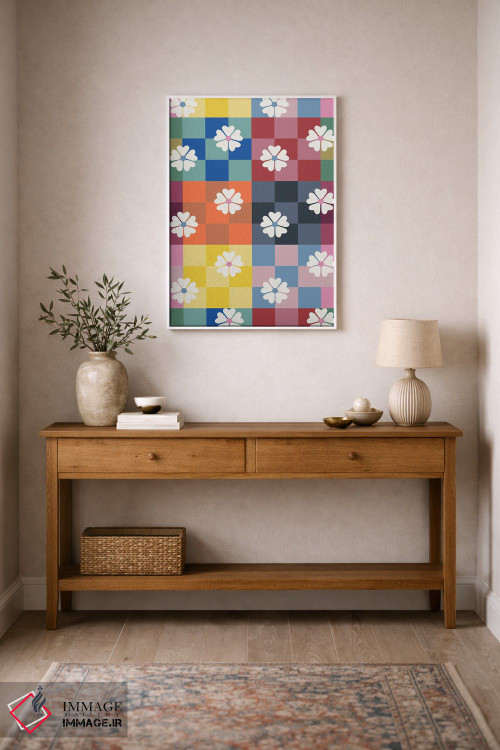 تابلو دکوراتیو شطرنجی رنگارنگ و گل های مروارید اثر شو می مارس - D1W