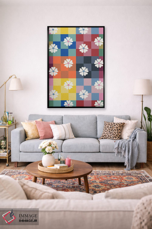 تابلو دکوراتیو شطرنجی رنگارنگ و گل های مروارید اثر شو می مارس - D2B