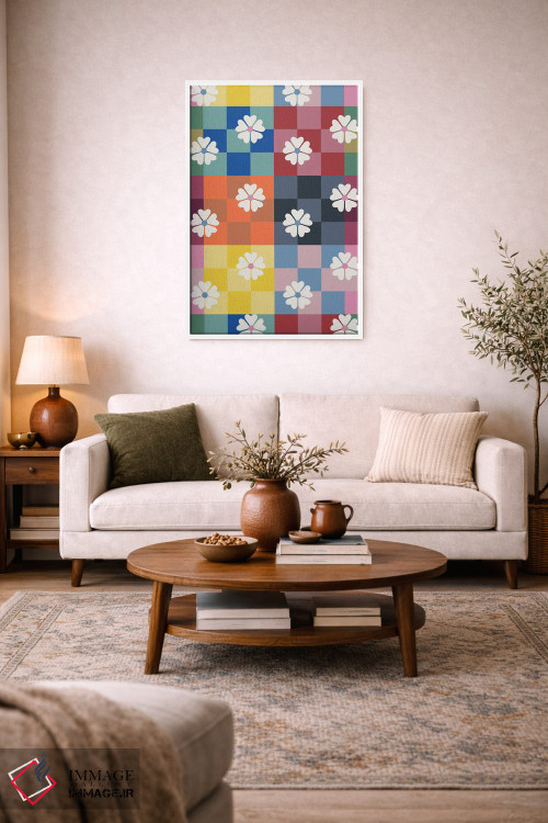 تابلو دکوراتیو شطرنجی رنگارنگ و گل های مروارید اثر شو می مارس - D3W