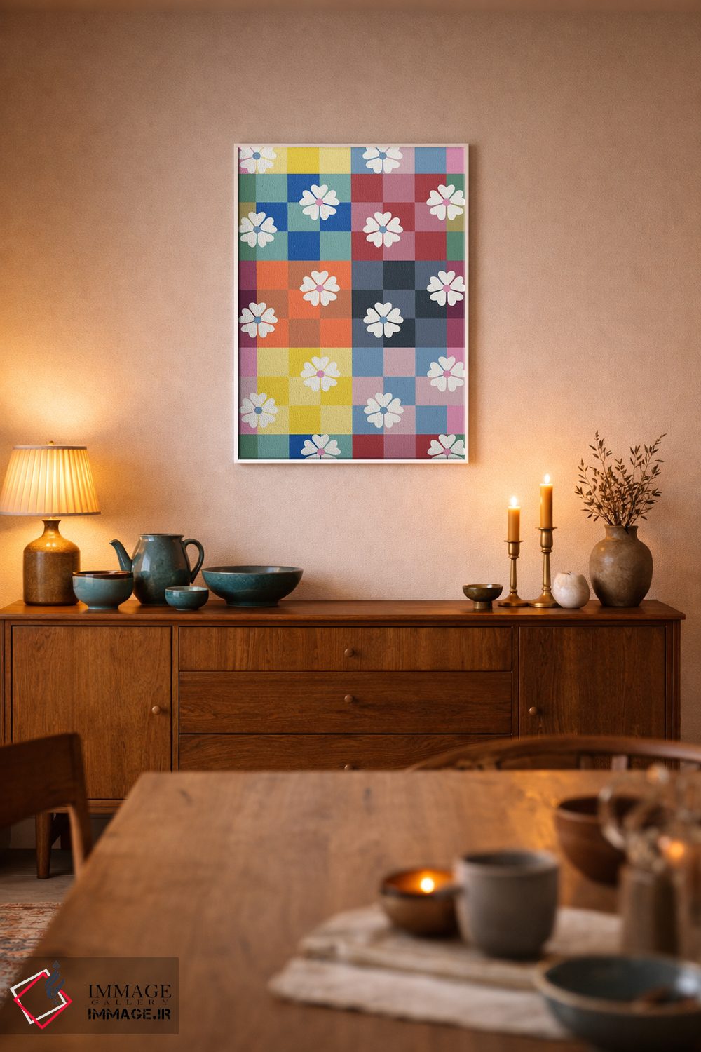 تابلو دکوراتیو شطرنجی رنگارنگ و گل های مروارید اثر شو می مارس - D5W
