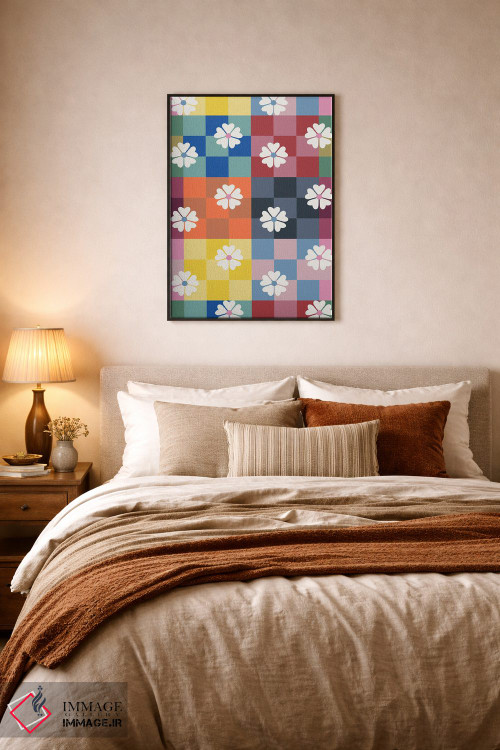 تابلو دکوراتیو شطرنجی رنگارنگ و گل های مروارید اثر شو می مارس - D6B