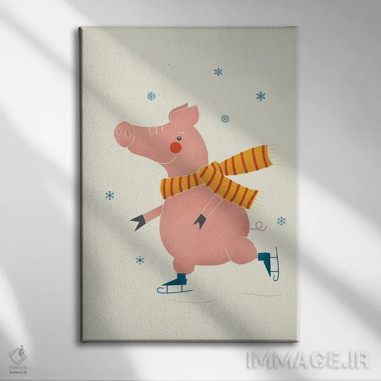 تابلو دکوراتیو خوک اسکیت باز روی یخ اثر شو می مارس - نمای روبهرو روی دیوار