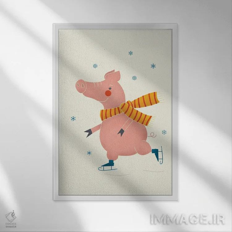 تابلو دکوراتیو خوک اسکیت باز روی یخ اثر شو می مارس - نمای قابدار سفید