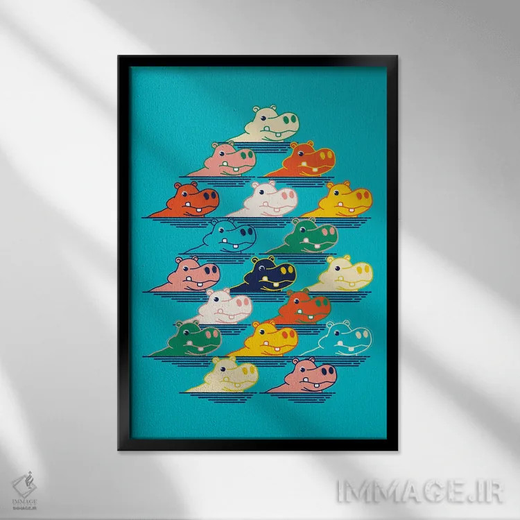 تابلو مینیمال خانواده اسب آبی اثر شو می مارس - نمای قابدار مشکی