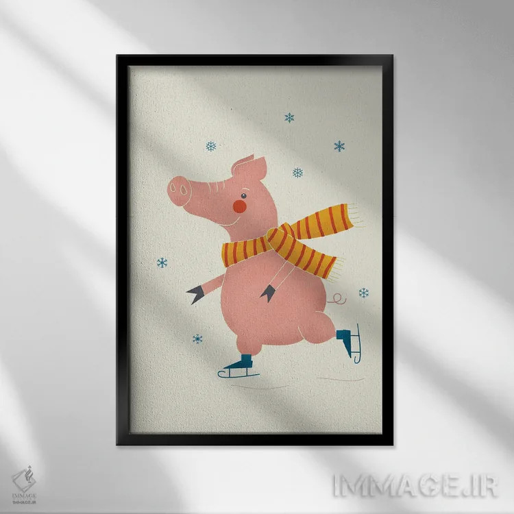 تابلو دکوراتیو خوک اسکیت باز روی یخ اثر شو می مارس - نمای قابدار مشکی