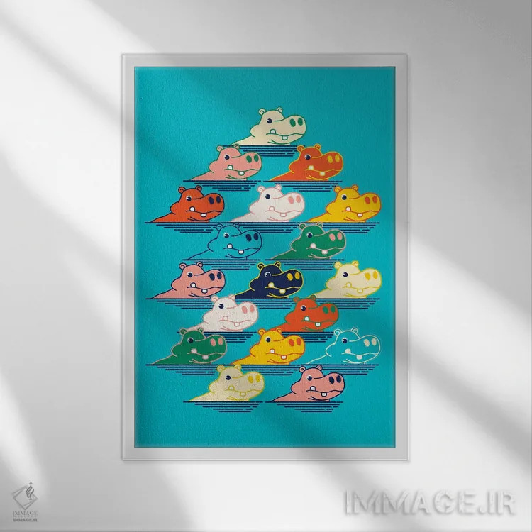 تابلو مینیمال خانواده اسب آبی اثر شو می مارس - نمای قابدار سفید