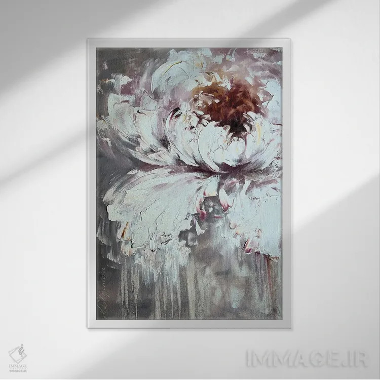 تابلو انتزاعی گل صدتومانی دو اثر مارینا اسکرمووا - نمای قابدار سفید