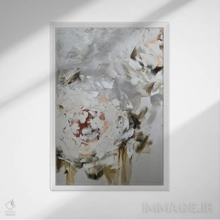تابلو انتزاعی گل انتزاعی بژ سه اثر مارینا اسکرمووا - نمای قابدار سفید