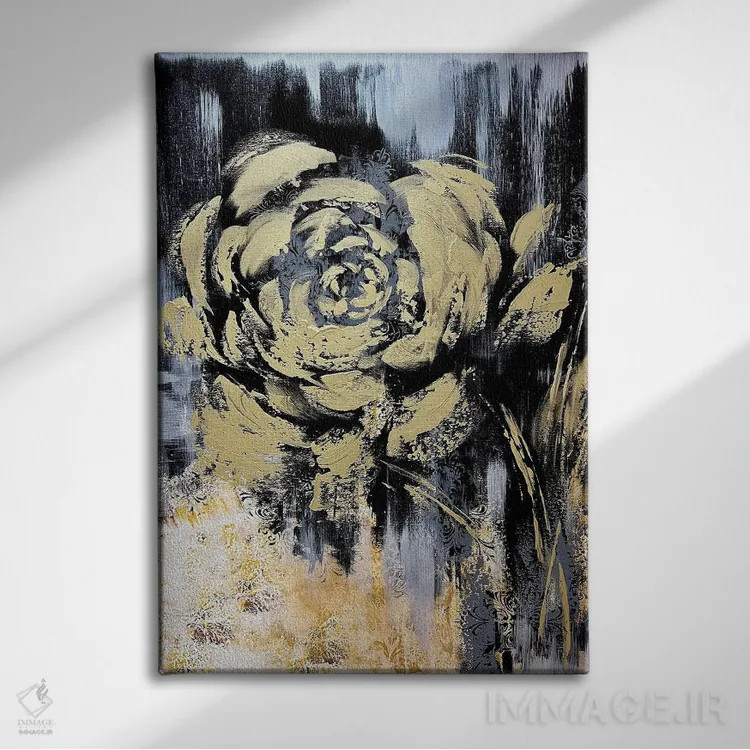 تابلو انتزاعی گل های طلایی شگفت انگیز ۲ اثر مارینا اسکرمووا - نمای روبهرو روی دیوار