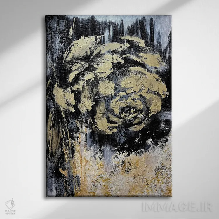 تابلو انتزاعی گل های طلایی شگفت انگیز اثر مارینا اسکرمووا - نمای روبهرو روی دیوار