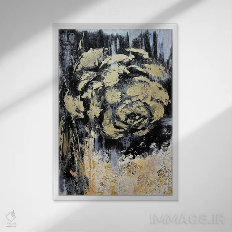 تابلو انتزاعی گل های طلایی شگفت انگیز اثر مارینا اسکرمووا - نمای قابدار سفید