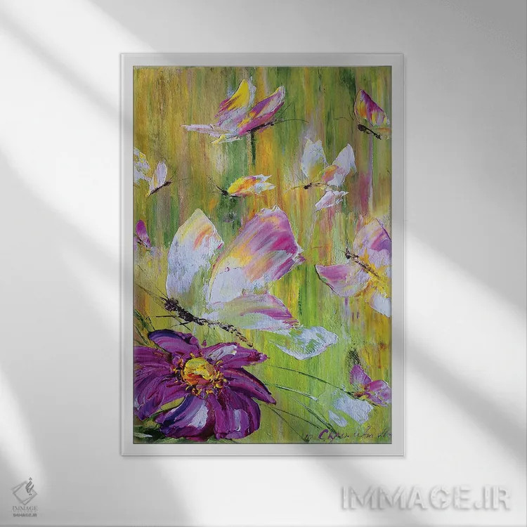 تابلو دکوراتیو پروانه ها در چمنزار اثر مارینا اسکرمووا - نمای قابدار سفید