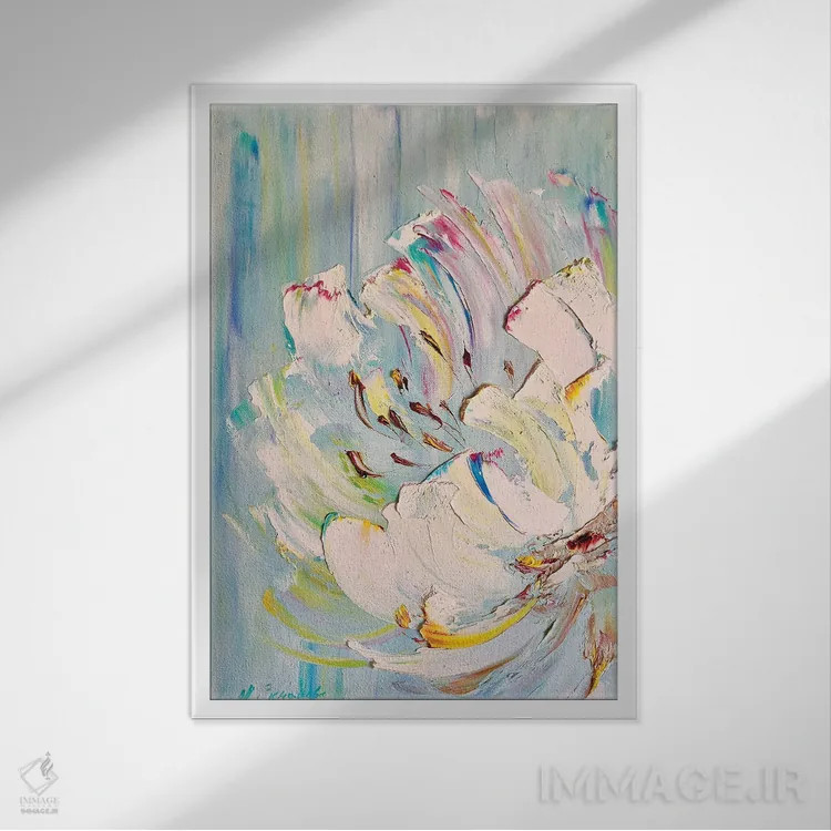 تابلو انتزاعی گل صدتومانی شگفت انگیز ۳ اثر مارینا اسکرمووا - نمای قابدار سفید