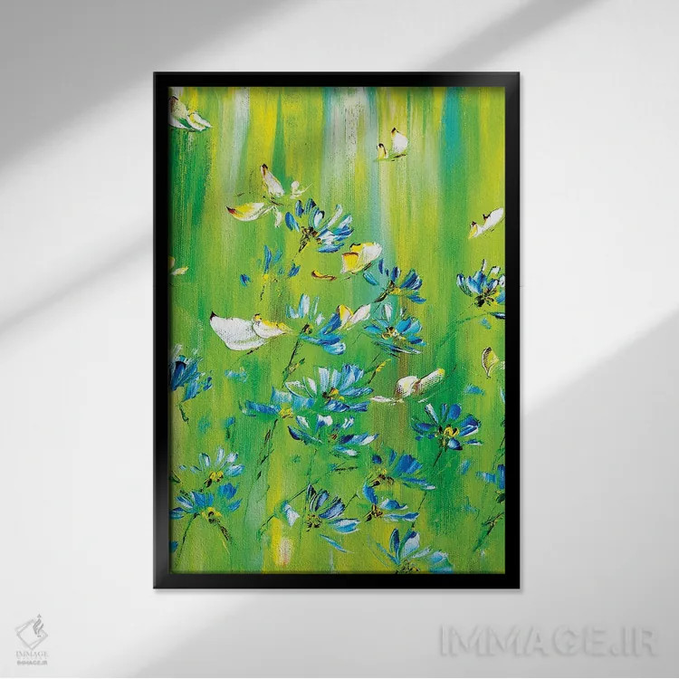 تابلو دکوراتیو چمنزار سبز با گل های بابونه اثر مارینا اسکرمووا - نمای قابدار مشکی