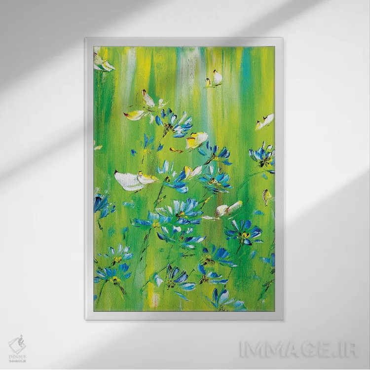 تابلو دکوراتیو چمنزار سبز با گل های بابونه اثر مارینا اسکرمووا - نمای قابدار سفید