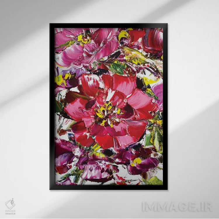 تابلو دکوراتیو چمنزار گل های قرمز ۲ اثر مارینا اسکرمووا - نمای قابدار مشکی
