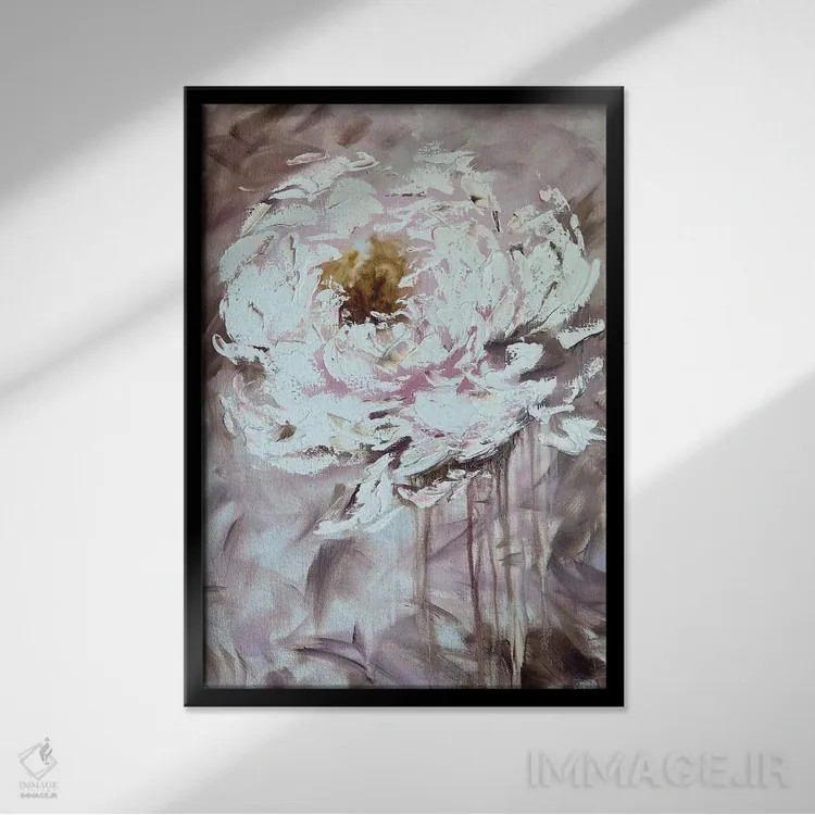 تابلو انتزاعی گل صدتومانی رنگ کاپوچینو ۲ اثر مارینا اسکرمووا - نمای قابدار مشکی