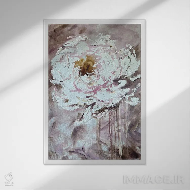 تابلو انتزاعی گل صدتومانی رنگ کاپوچینو ۲ اثر مارینا اسکرمووا - نمای قابدار سفید